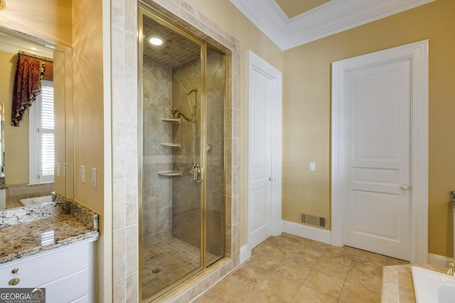 bathroom featuring tile patterned floors, ornamental molding, and plus walk in shower