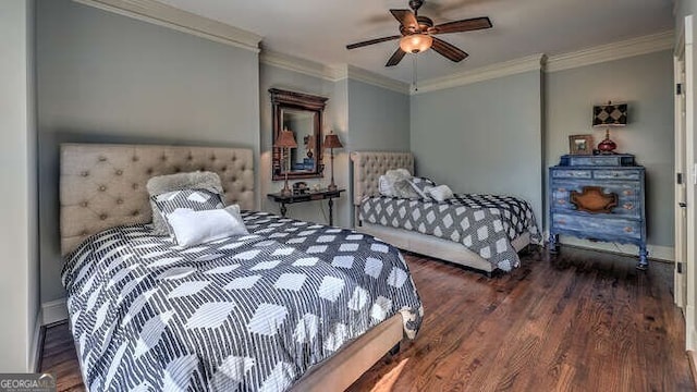 bedroom with ceiling fan, ornamental molding, and dark hardwood / wood-style floors