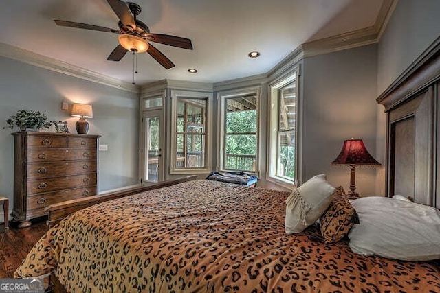 bedroom with ornamental molding, access to outside, ceiling fan, and wood-type flooring