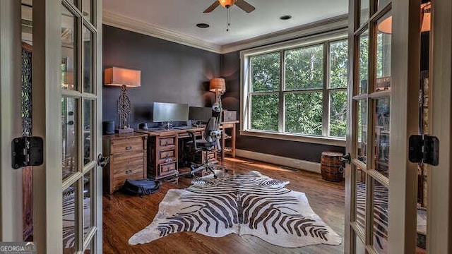 home office featuring french doors, hardwood / wood-style floors, crown molding, and ceiling fan