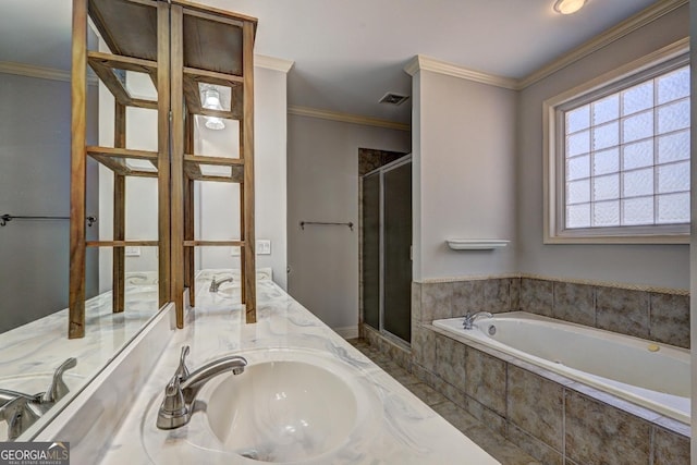 full bathroom with a sink, double vanity, ornamental molding, and a shower stall