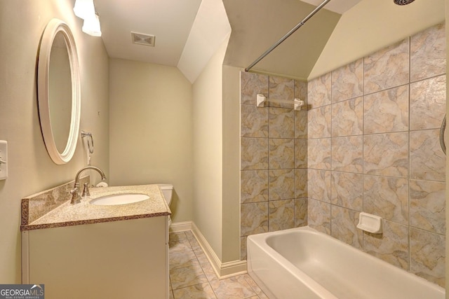 full bath featuring vaulted ceiling,  shower combination, vanity, and visible vents