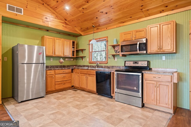 kitchen with stainless steel appliances, wood ceiling, vaulted ceiling, visible vents, and open shelves