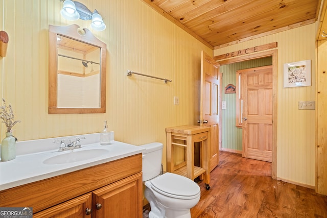 full bathroom with toilet, wood finished floors, a shower, wood ceiling, and vanity