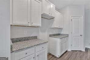 kitchen featuring light stone counters, wood finished floors, and white cabinetry