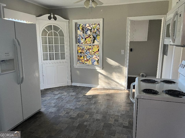 kitchen featuring white appliances, stone finish flooring, a ceiling fan, and crown molding