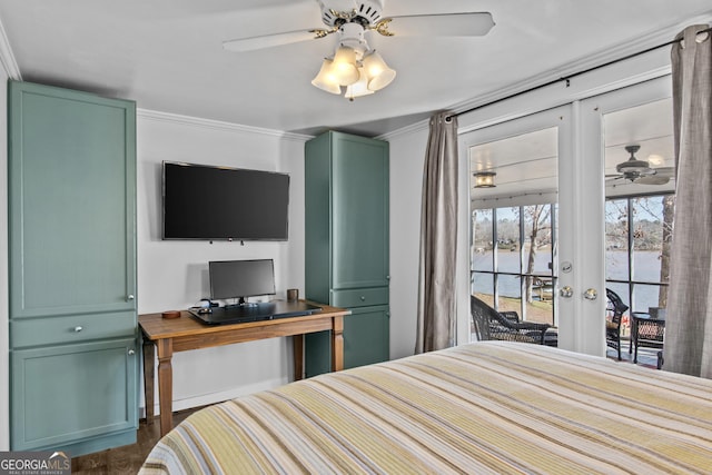 bedroom with french doors, access to exterior, and dark hardwood / wood-style floors