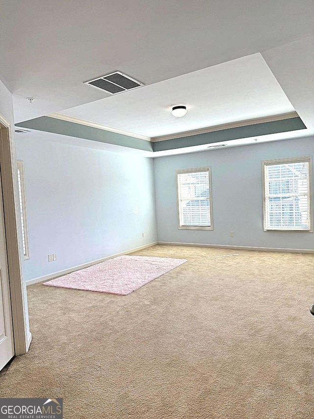 empty room featuring a raised ceiling, plenty of natural light, crown molding, and carpet floors