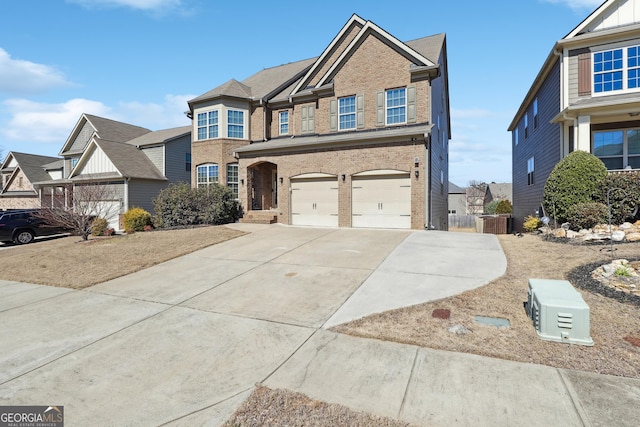 view of front of home with a garage, a residential view, brick siding, and driveway