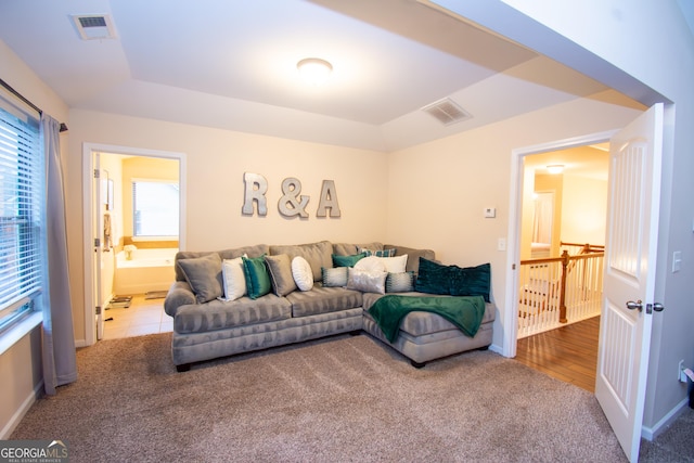 living room featuring a tray ceiling, visible vents, and light carpet