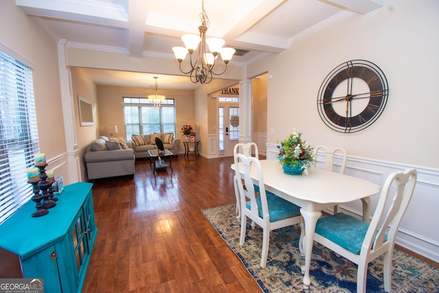 dining area with dark wood finished floors, a notable chandelier, wainscoting, coffered ceiling, and beamed ceiling