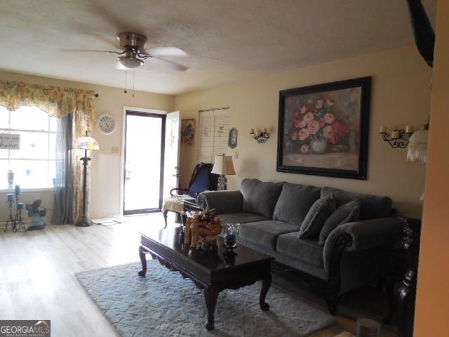 living room featuring ceiling fan, wood-type flooring, and a textured ceiling