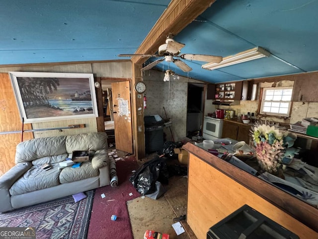 living room with lofted ceiling and ceiling fan