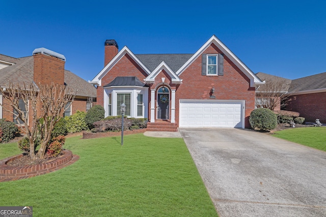 traditional-style home with brick siding, driveway, and a front lawn