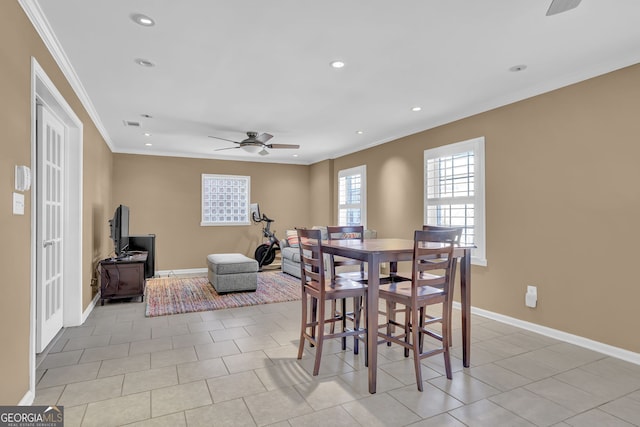 dining space featuring recessed lighting, baseboards, ceiling fan, ornamental molding, and light tile patterned flooring