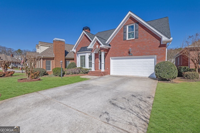 traditional-style house featuring a garage, brick siding, a shingled roof, driveway, and a front lawn