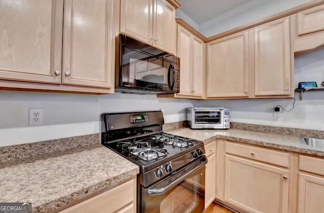 kitchen featuring sink, crown molding, black appliances, and light brown cabinets