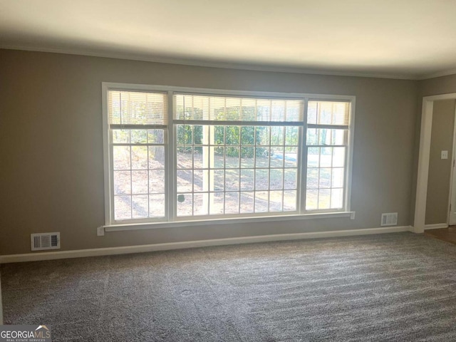 carpeted spare room featuring crown molding