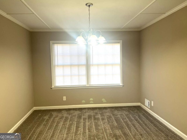 unfurnished dining area with a notable chandelier, crown molding, dark colored carpet, and plenty of natural light