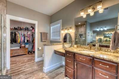 bathroom with hardwood / wood-style flooring and vanity