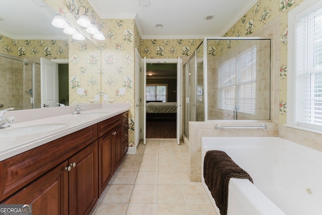 bathroom featuring a notable chandelier, vanity, plus walk in shower, tile patterned flooring, and ornamental molding