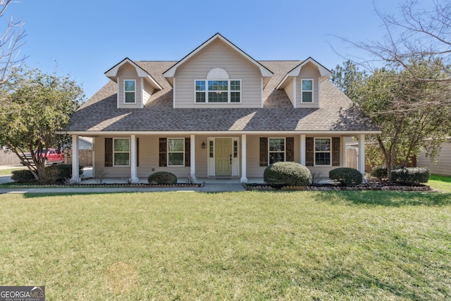 cape cod home featuring a front lawn and a porch