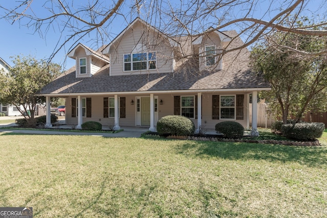 cape cod home with covered porch and a front lawn