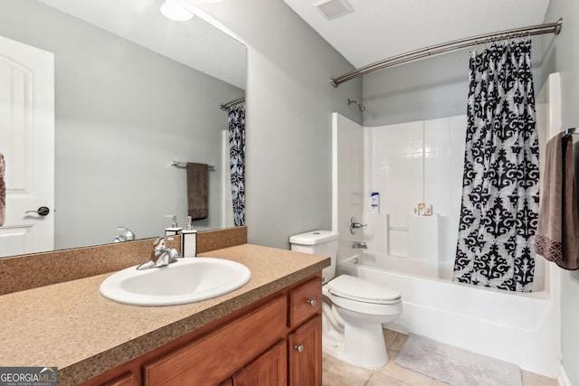 full bathroom with toilet, shower / bath combo with shower curtain, tile patterned flooring, and vanity