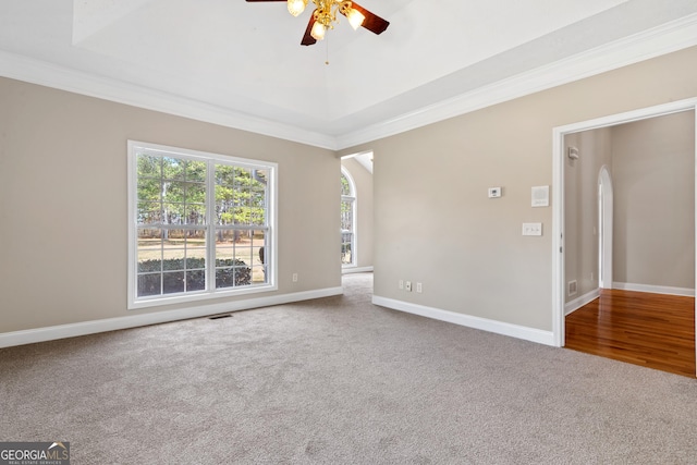 unfurnished room featuring ceiling fan, ornamental molding, and carpet