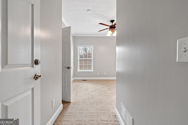 corridor featuring a textured ceiling, light carpet, and crown molding