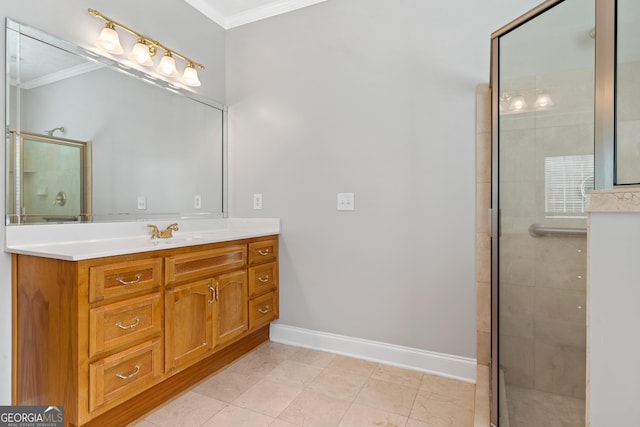 bathroom with crown molding, vanity, and a shower with door