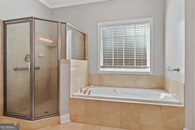 bathroom with shower with separate bathtub, tile patterned floors, and ornamental molding