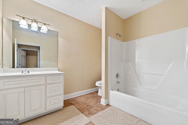 full bathroom with vanity, toilet, washtub / shower combination, and tile patterned floors