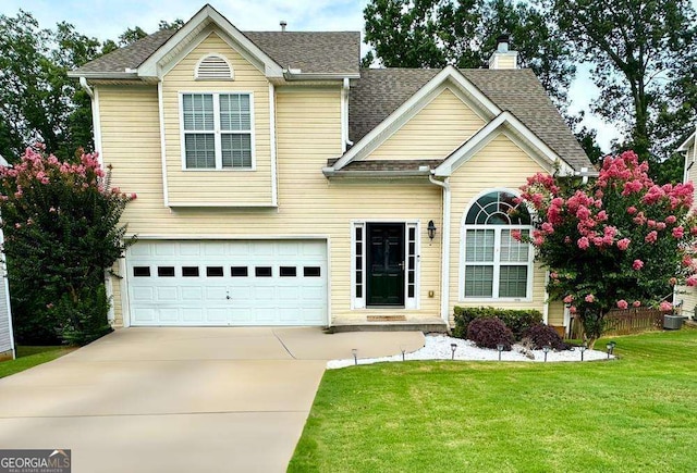 view of front of home with driveway, a front lawn, an attached garage, a shingled roof, and a chimney