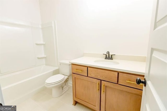 full bathroom with shower / washtub combination, vanity, toilet, and tile patterned floors