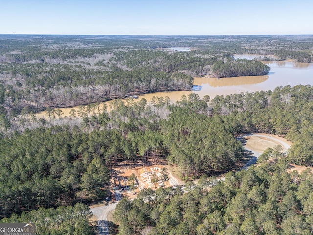 aerial view featuring a water view and a view of trees