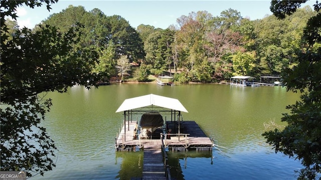 dock area with a forest view and a water view