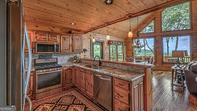 kitchen featuring stainless steel appliances, decorative light fixtures, wood ceiling, sink, and kitchen peninsula