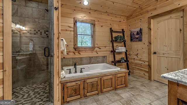 bathroom featuring lofted ceiling, wood ceiling, wood walls, independent shower and bath, and vanity