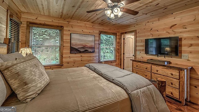 bedroom with hardwood / wood-style floors, multiple windows, wood walls, and wood ceiling