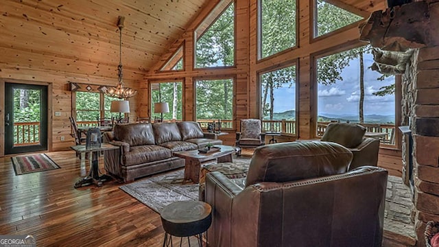 living room with hardwood / wood-style floors, a chandelier, high vaulted ceiling, wooden walls, and wood ceiling