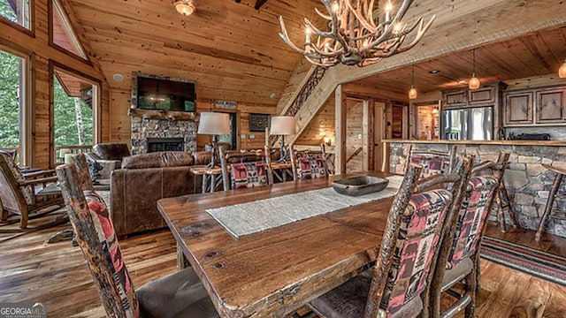 dining room featuring dark hardwood / wood-style floors, wooden ceiling, a fireplace, high vaulted ceiling, and wooden walls