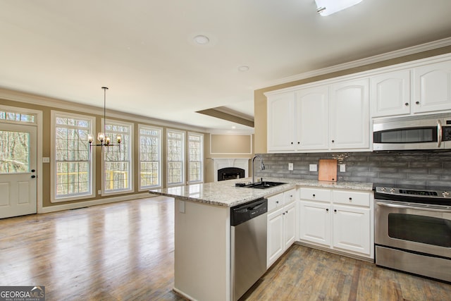 kitchen with stainless steel appliances, a peninsula, a sink, a healthy amount of sunlight, and dark wood finished floors