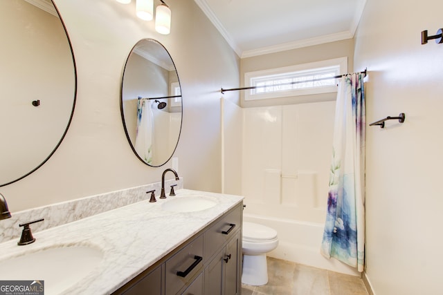 full bath featuring double vanity, toilet, ornamental molding, shower / bath combo, and a sink