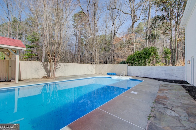 view of pool featuring a fenced in pool, a fenced backyard, and a patio