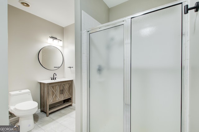 full bathroom with toilet, a stall shower, tile patterned floors, and vanity