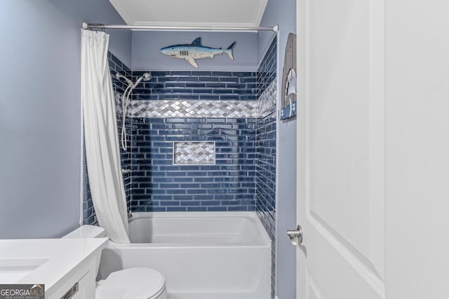 full bathroom with vanity, crown molding, toilet, and shower / bath combo with shower curtain