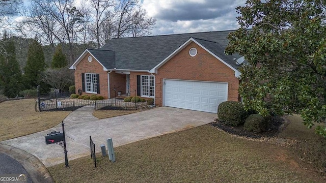 ranch-style house with a front yard and a garage