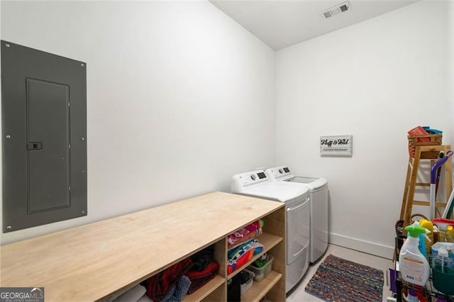 laundry area with laundry area, electric panel, baseboards, visible vents, and washer and clothes dryer