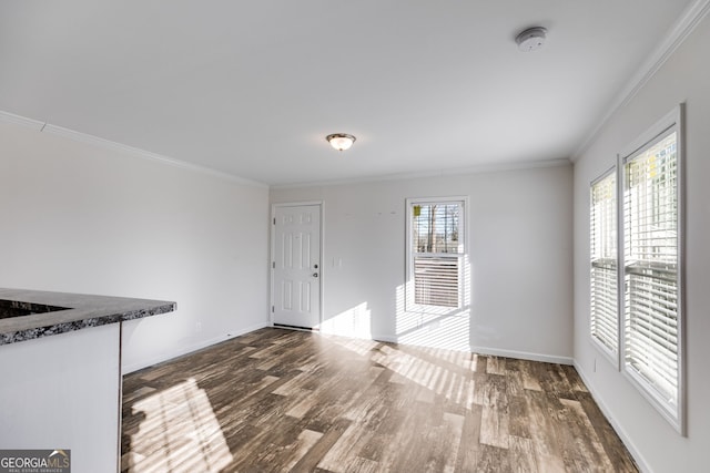 interior space with dark wood-type flooring and ornamental molding